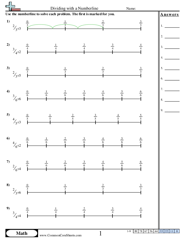 Fraction Worksheets - Numberline Fraction by Whole worksheet